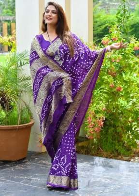 Mahi Purple Blue Bandhej Saree For Women