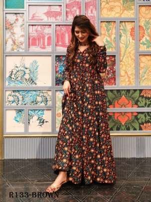 Aayaa Brown Digital Printed Pure Cotton Anarkali Gown