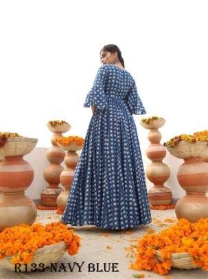 Aayaa Navy Blue Digital Printed Pure Cotton Anarkali Gown