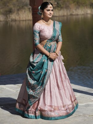 Aesthetic Pink Kalamkari printed Lehenga  Blouse With Dupatta  