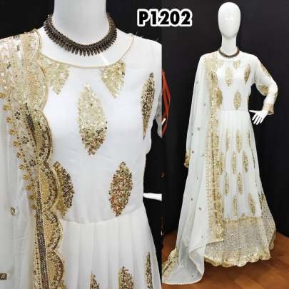 Anarakali Type White  Gown Pant Dupatta Set