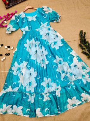 Aqua Blue Taby Organza Floral Print Maxi Dress
