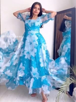 Aqua Blue Taby Organza Floral Print Maxi Dress