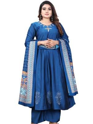 Attractive Blue Silk Anarkali Kurtis With Printed Dupatta