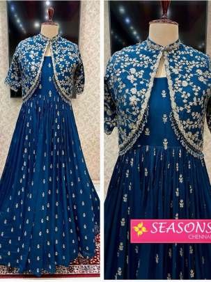 Attractive Designer Blue Pure Chinon Silk Gown With Heavy Work Jacket