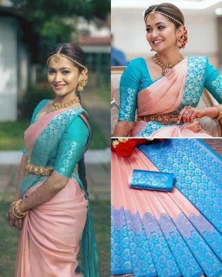 Attractive Jacquard Work Soft Silk Saree With Rich Pallu And Contrast Blouse