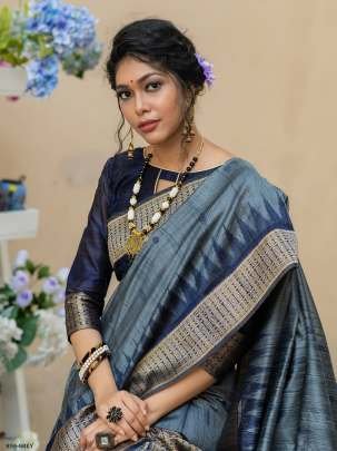 Attractive Party Wear Grey Tussar Silk Weaving Saree