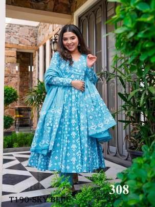 Attractive Sky Blue Pure Muslin With Kurti Pant Dupatta Set