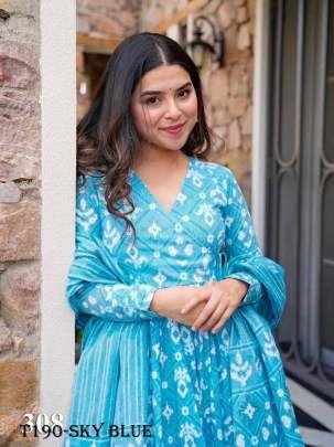 Attractive Sky Blue Pure Muslin With Kurti Pant Dupatta Set