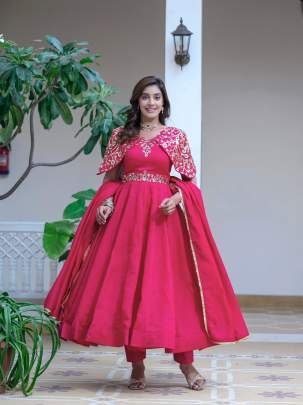 Attractive Sleeve Vichitra Silk Readymade Anarkali Gown