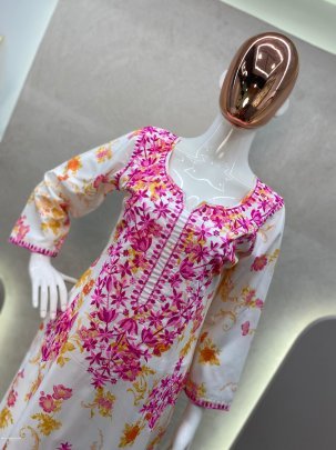Attractive White And Pink printed rayon Kurti with cotton thread embroidered work palazzo