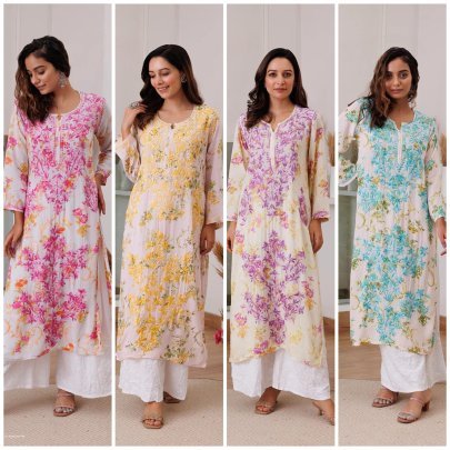 Attractive White And Pink printed rayon Kurti with cotton thread embroidered work palazzo