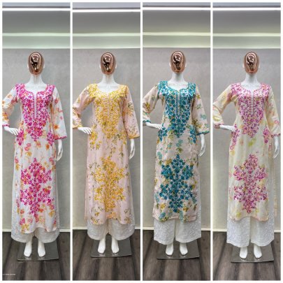 Attractive White And Pink printed rayon Kurti with cotton thread embroidered work palazzo