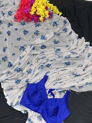 Attractive White Digital Printed Sequence Georgette Saree With Blue Blouse