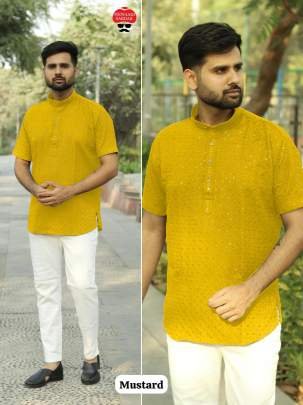 Attractive Yellow Chikankari Work Rayon Short Men Kurta