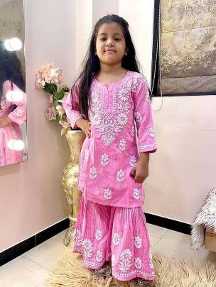 Baby Pink Designer Full Stitched Kids Girls Sharara Suits