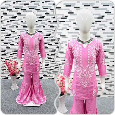 Baby Pink Designer Full Stitched Kids Girls Sharara Suits