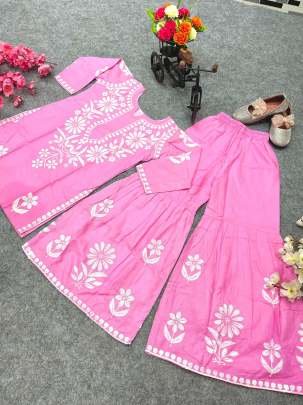 Baby Pink Designer Full Stitched Kids Girls Sharara Suits