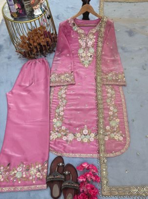 Baby Pink Embroidered Plazzo Suit With Jimmy Choo Fabric 