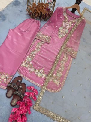 Baby Pink Embroidered Plazzo Suit With Jimmy Choo Fabric