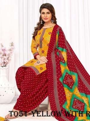 Bandhani Patiyala Cotton Yellow with Red Dress Material