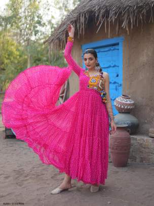  Bandhani Print work 12 Flair Pink  Long Gown