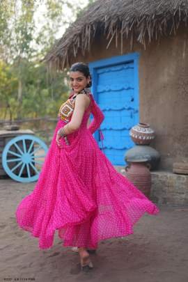 Bandhani Print work 12 Flair Pink  Long Gown