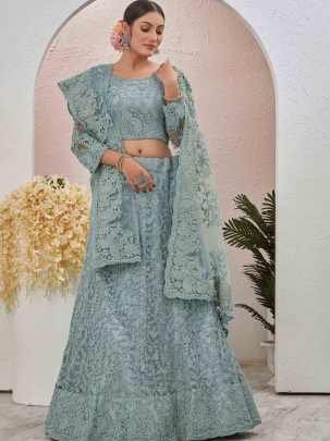 Beads Embroidered Stone Gray Butterfly Net Semi Stitched Lehenga Choli