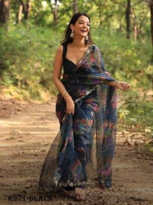 Beautiful Black Handcrafted Work Organza Saree With 