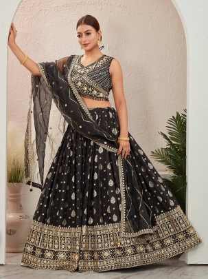 Beautiful Black Jacquard Dola Silk Lehenga Choli Set