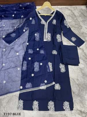 Beautiful Blue Russian Silk Kurti Pant Dupatta Set