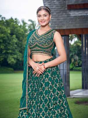 Beautiful Bottle Green Thread Work Stitched Lehenga choli