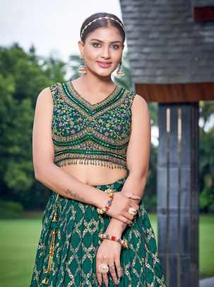 Beautiful Bottle Green Thread Work Stitched Lehenga choli