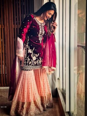 Beautiful Designer Maroon Color Heavy Velvet Sharara Suit