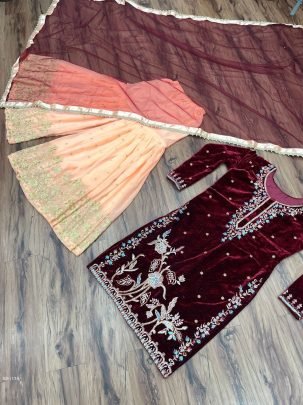 Beautiful Designer Maroon Color Heavy Velvet Sharara Suit