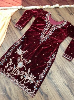 Beautiful Designer Maroon Color Heavy Velvet Sharara Suit