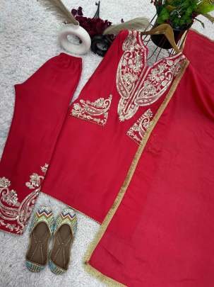 Beautiful Embroidery And Sequence Work Pure Chinon Silk Three Piece Kurtis Set