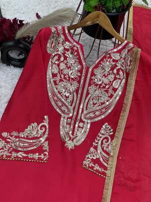 Beautiful Embroidery And Sequence Work Pure Chinon Silk Three Piece Kurtis Set