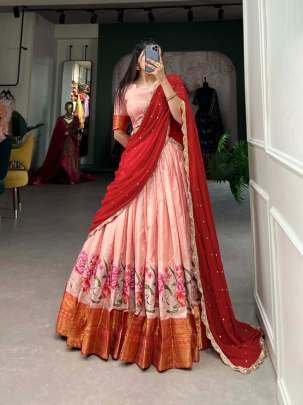 Beautiful Embroidery Work Peach Cotton Silk Lehenga Choli With Attractive Dupatta