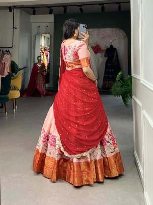 Beautiful Embroidery Work Peach Cotton Silk Lehenga Choli With Attractive Dupatta