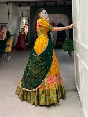 Beautiful Embroidery Work Yellow Cotton Silk Lehenga Choli With Attractive Dupatta