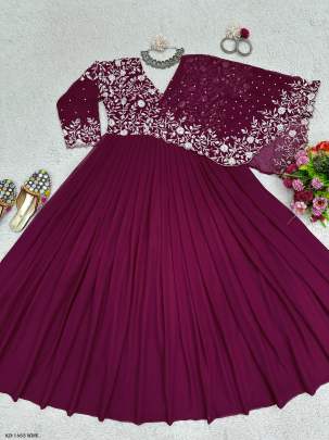 Beautiful Faux Georgette Designer Wine  Gown With Pearl Work