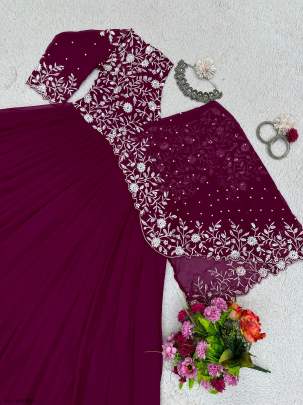 Beautiful Faux Georgette Designer Wine  Gown With Pearl Work
