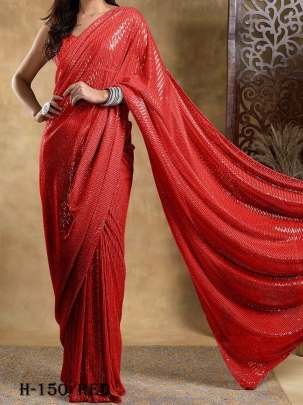 Beautiful Georgette Red Saree With Sequins Work Blouse