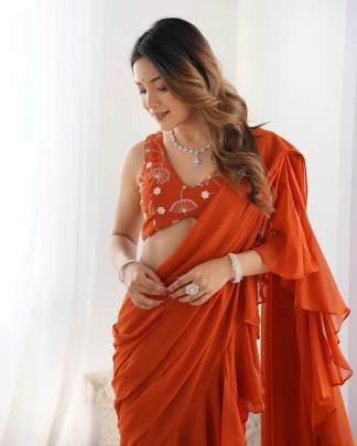 Elegent Fully Sttiched Ready To Wear Sharara Saree In Orange Colour