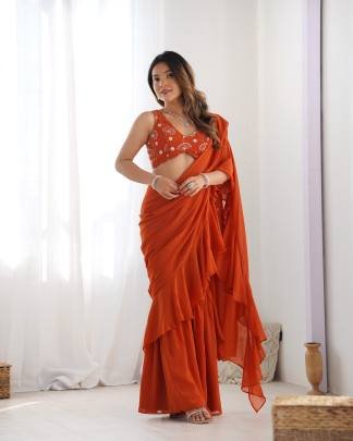 Elegent Fully Sttiched Ready To Wear Sharara Saree In Orange Colour