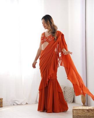 Elegent Fully Sttiched Ready To Wear Sharara Saree In Orange Colour