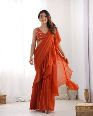 Elegent Fully Sttiched Ready To Wear Sharara Saree In Orange Colour