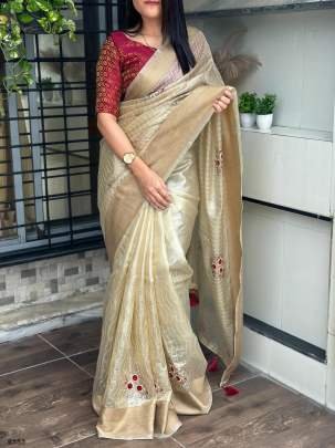 Beautiful Golden Festival Wear Organza Silk Saree