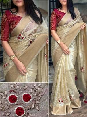 Beautiful Golden Festival Wear Organza Silk Saree